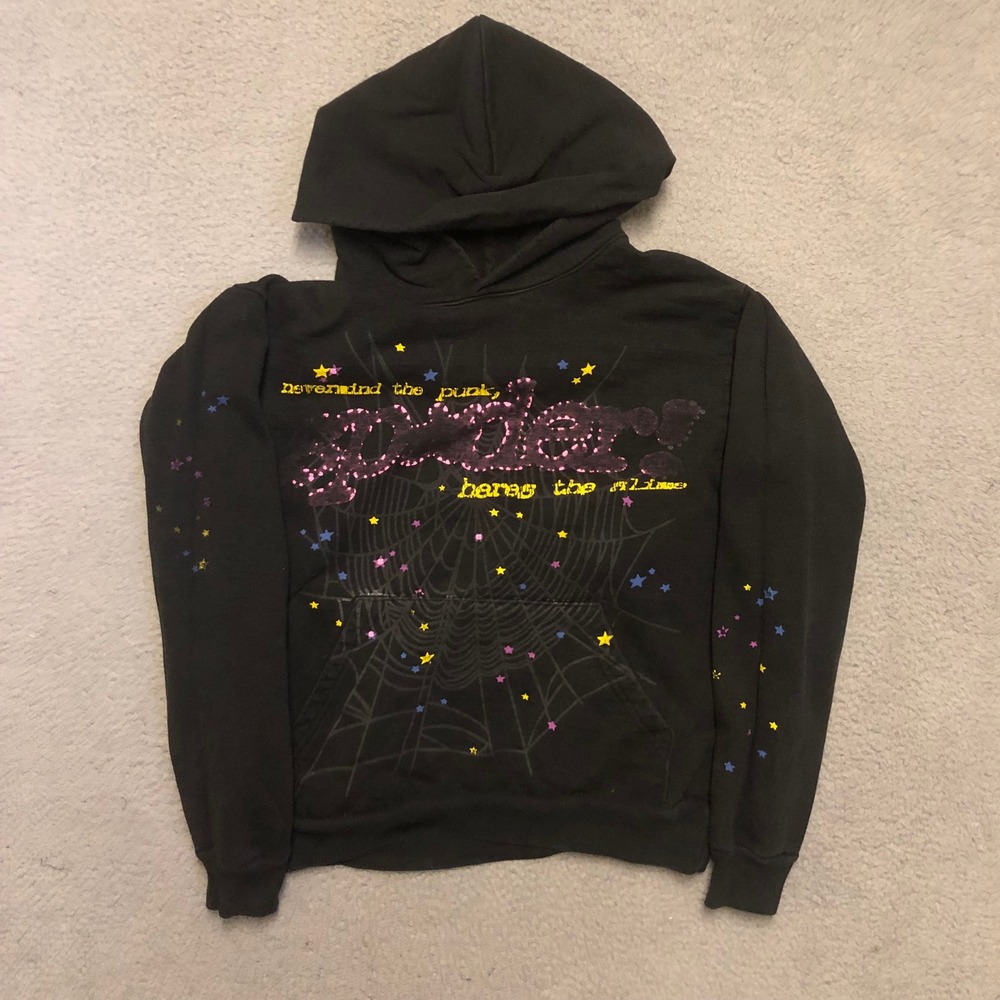 Sp5der Worldwide Black Punk Hoodie Pink Web Star Graphic Streetwear vtg Style